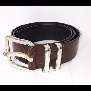 Mens Large Brown Leather Belt Silver Metal Buckle